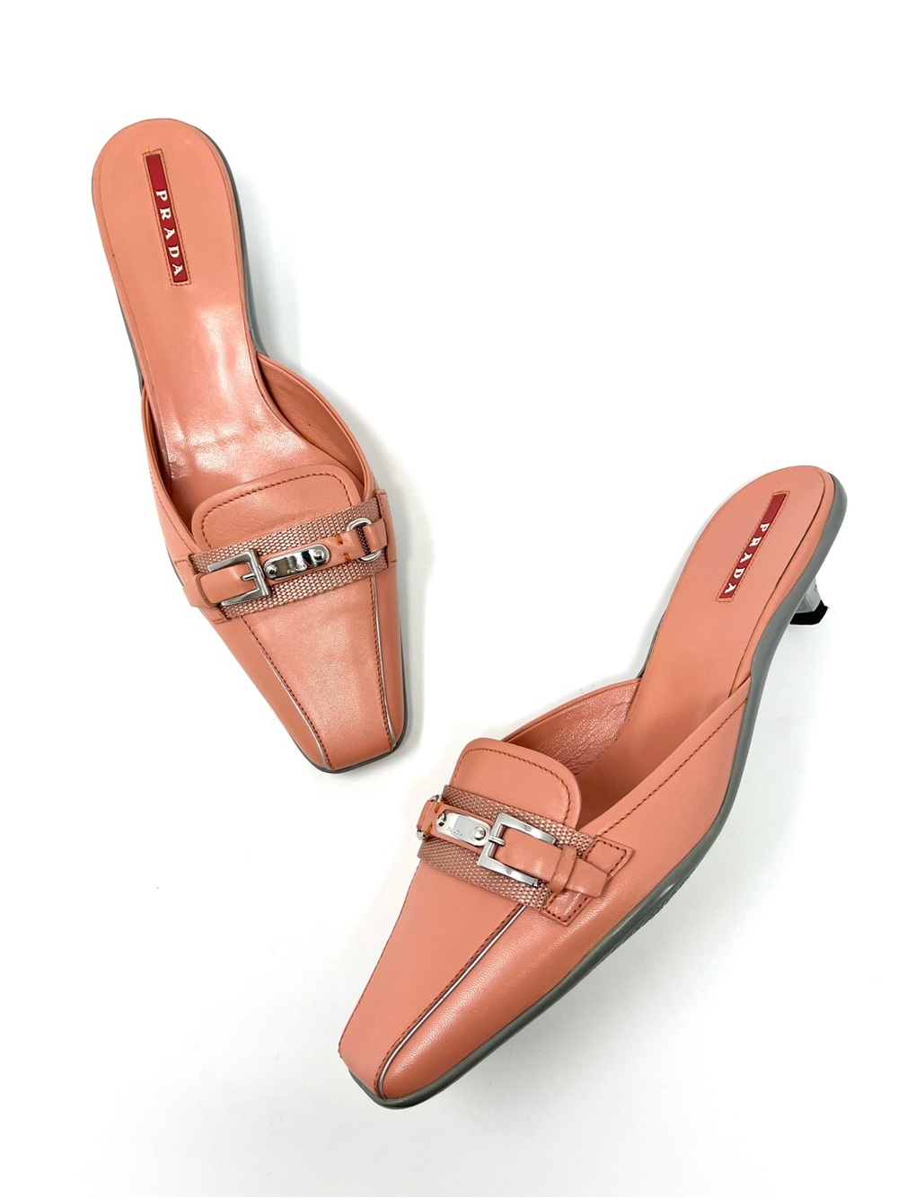 Vintage Prada Y2K Pink Coral Peach Leather Logo Buckle Mules Kitten Heels 37 7 - Picture 12 of 12